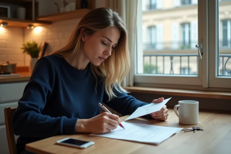 Femme remplissant un formulaire administratif avec une enveloppe de courrier chez un ami dans un appartement français