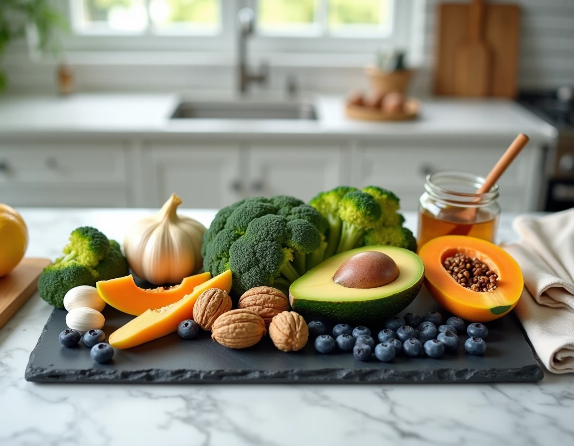 Aliments naturels bénéfiques pour le pancréas incluant myrtilles, brocoli, noix, ail et avocat présentés sur une ardoise