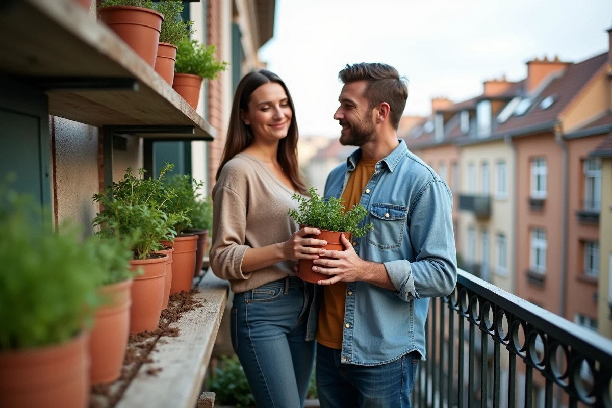 Couple aménageant un balcon urbain avec des plantes aromatiques et des pots en terre cuite sur une étagère en bois