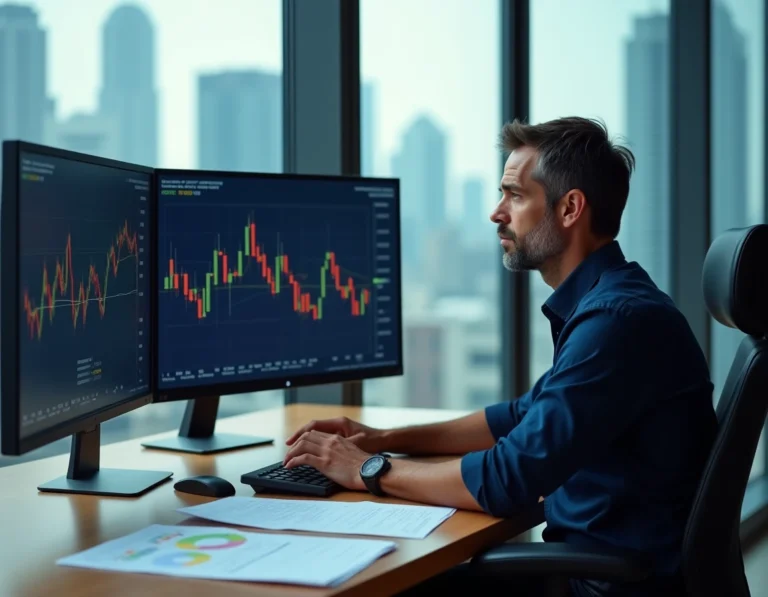 Analyste financier étudiant des projections du cours du Bitcoin jusqu'en 2040 sur un écran dans un bureau moderne