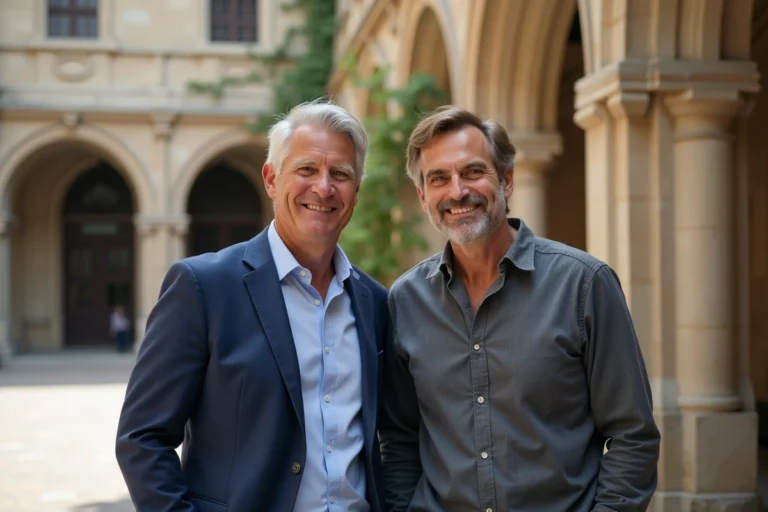 Portrait éditorial d'Anthony Favalli et Florian Tardif devant un bâtiment historique en pierre, souriant avec naturel