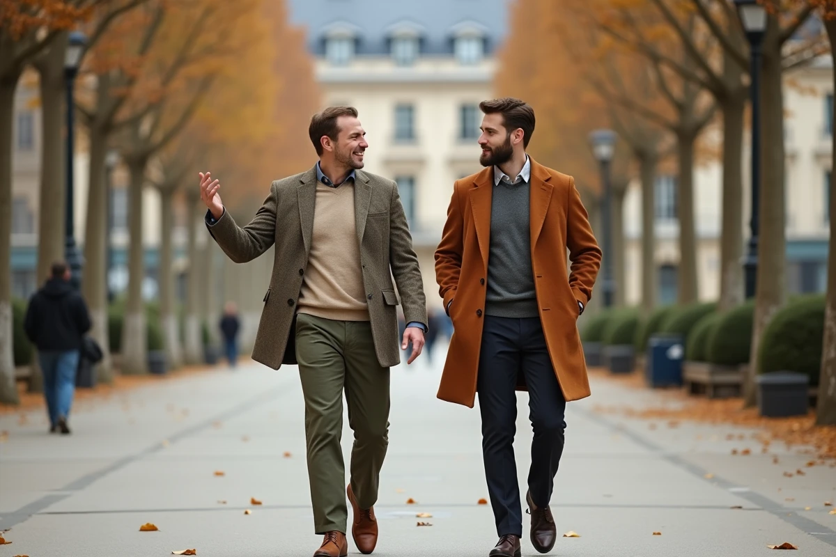 Deux hommes marchant et conversant sur un boulevard parisien en automne, illustrant l'amitié et la complicité d'Anthony Favalli et Florian Tardif