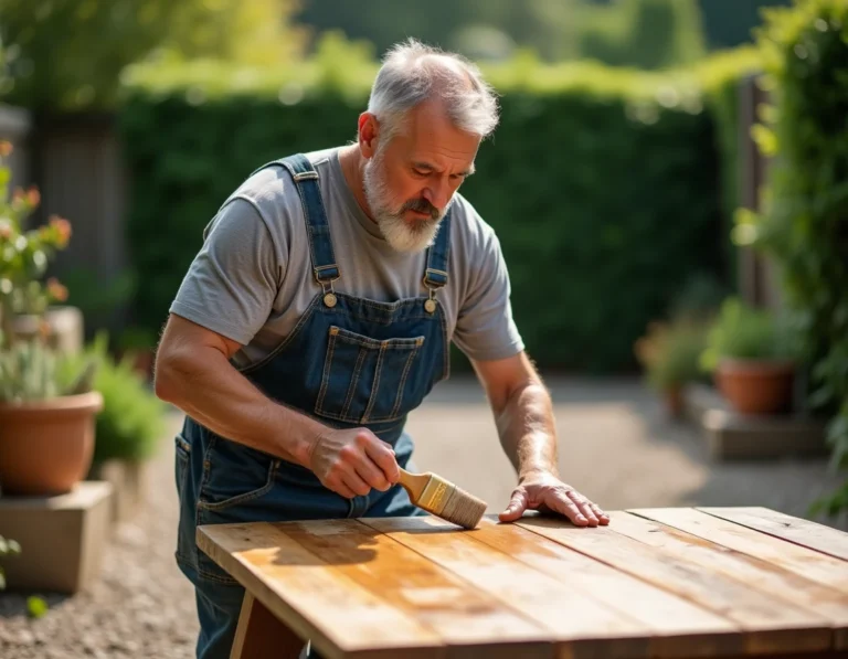 Artisan appliquant une lasure teintée sur une table en chêne dans un jardin, comparaison entre lasure et saturateur pour bois extérieur