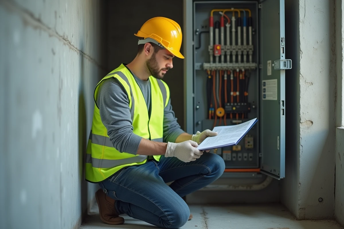 Apprenti électricien seul devant un tableau électrique ouvert dans un couloir de bâtiment commercial