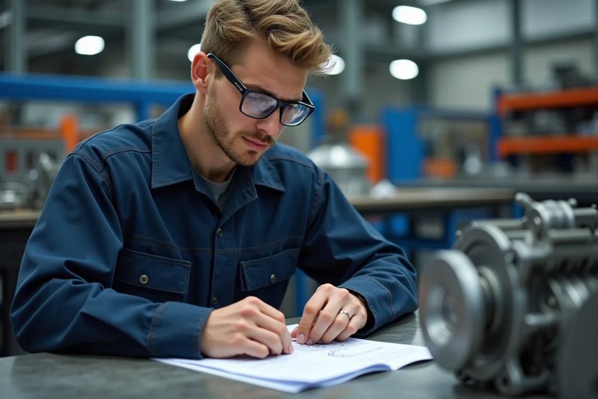 Jeune apprenti travaillant seul à un établi dans un atelier industriel, consultant une fiche technique