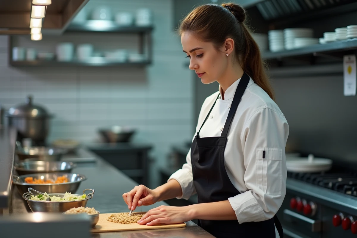 Apprentie cuisinière travaillant seule dans une cuisine professionnelle de restaurant