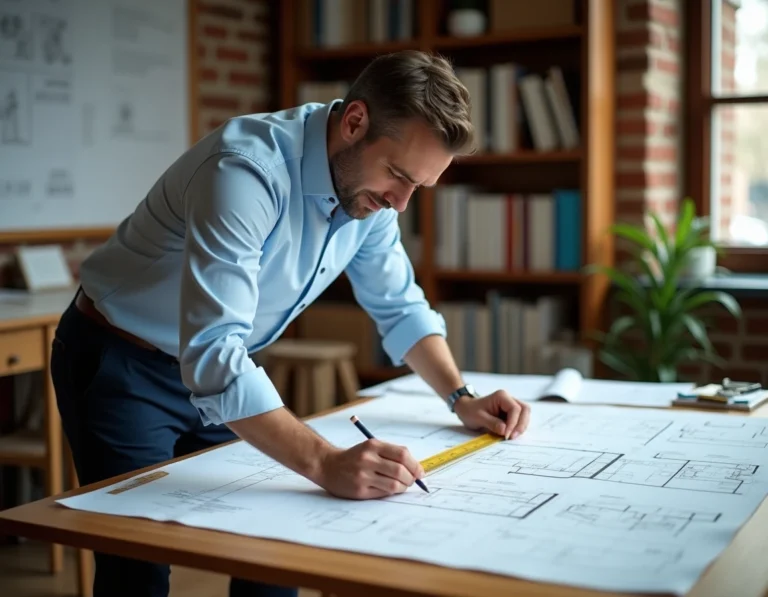 Architecte mesurant la surface habitable sur des plans architecturaux avec un mètre ruban et des annotations précises