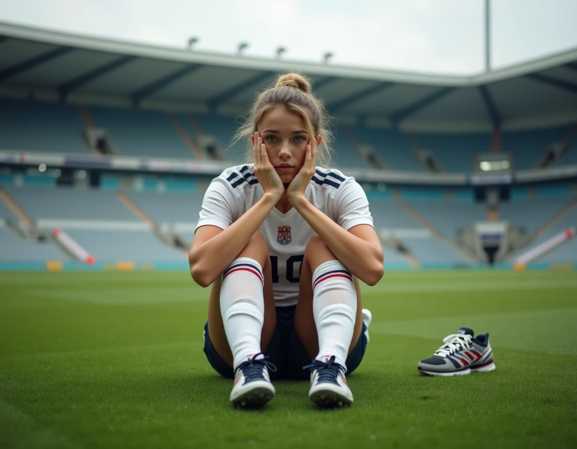 Jeune athlète féminine assise sur le terrain d'un grand stade, incarnant la détermination des légendes sportives