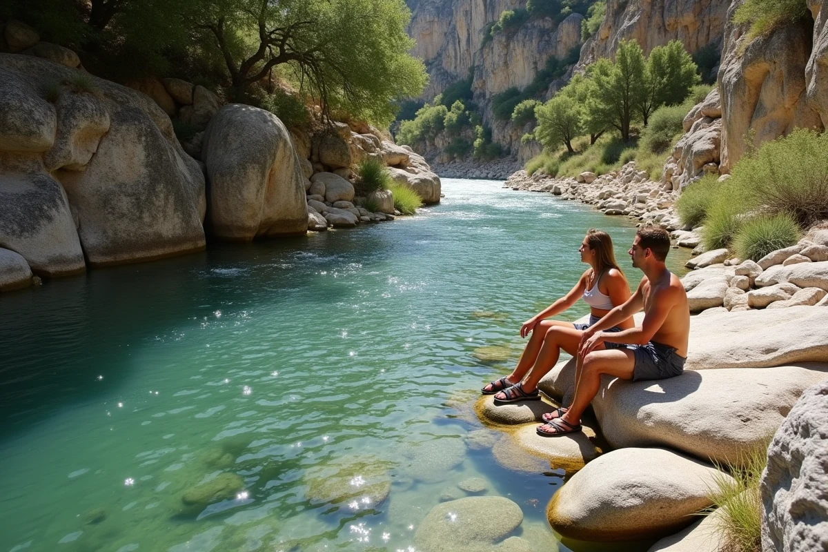 Couple assis sur les berges rocheuses du Gardon à Collias avec l'eau claire et les falaises calcaires