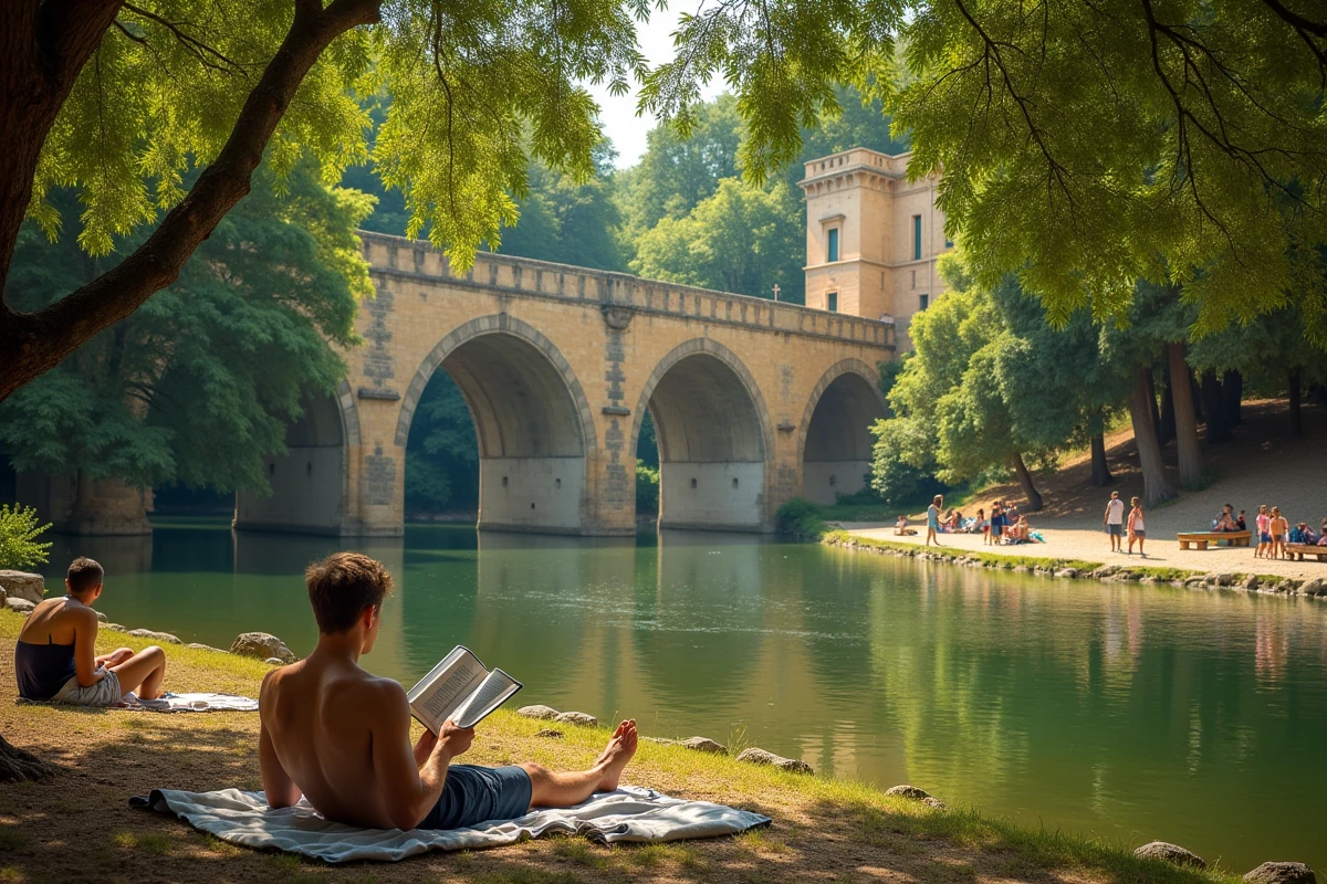 Jeune homme se relaxant sur les berges ombragées du Vidourle à Sommières avec le pont médiéval en arrière-plan