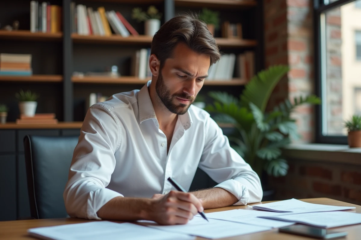 Portrait intime d'un homme dans un espace de travail contemporain, examinant des documents avec concentration — illustration biographique