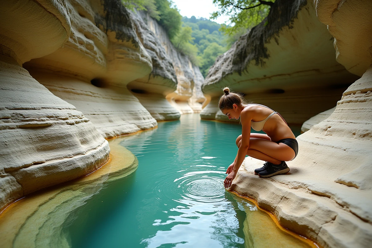 Femme explorant les vasques naturelles des cascades de Sautadet à La Roque-sur-Cèze dans les gorges de la Cèze