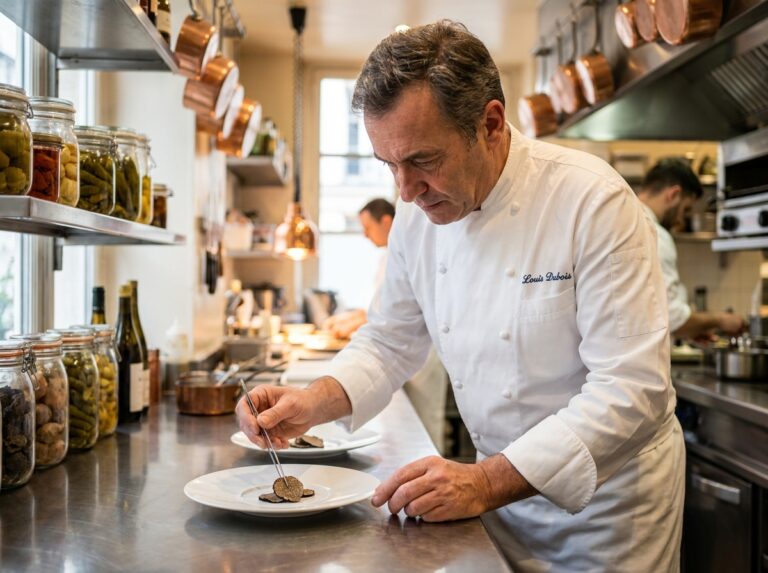 Chef français élégant préparant des truffes noires dans une cuisine parisienne
