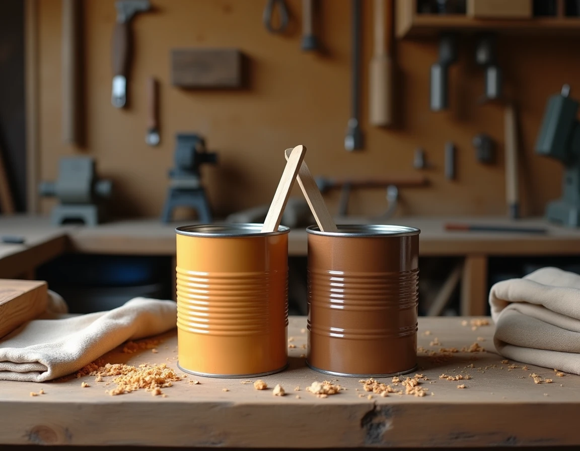 Deux pots ouverts de lasure et de saturateur posés sur un établi en bois dans un atelier de menuiserie pour comparer leurs textures