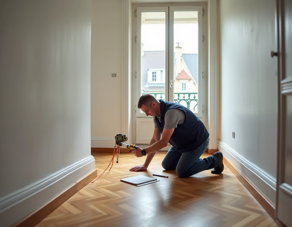 Diagnostiqueur immobilier mesurant la surface habitable d'un appartement vide avec un télémètre laser professionnel