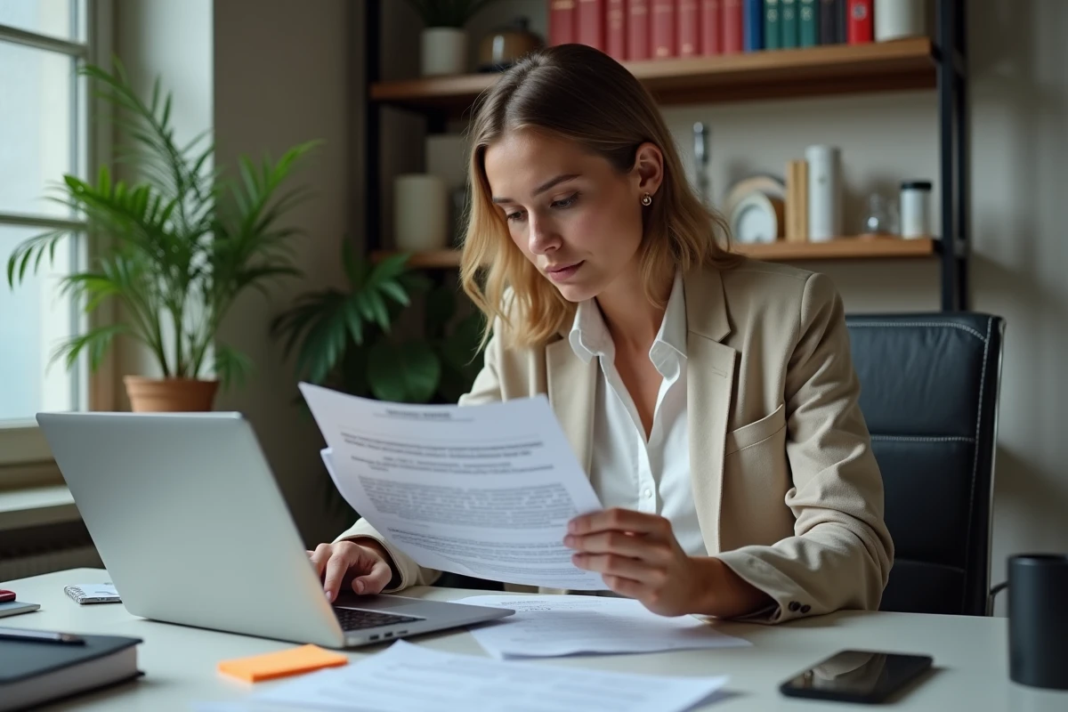 Femme consultant des documents juridiques et un site administratif officiel pour une domiciliation chez un tiers en France