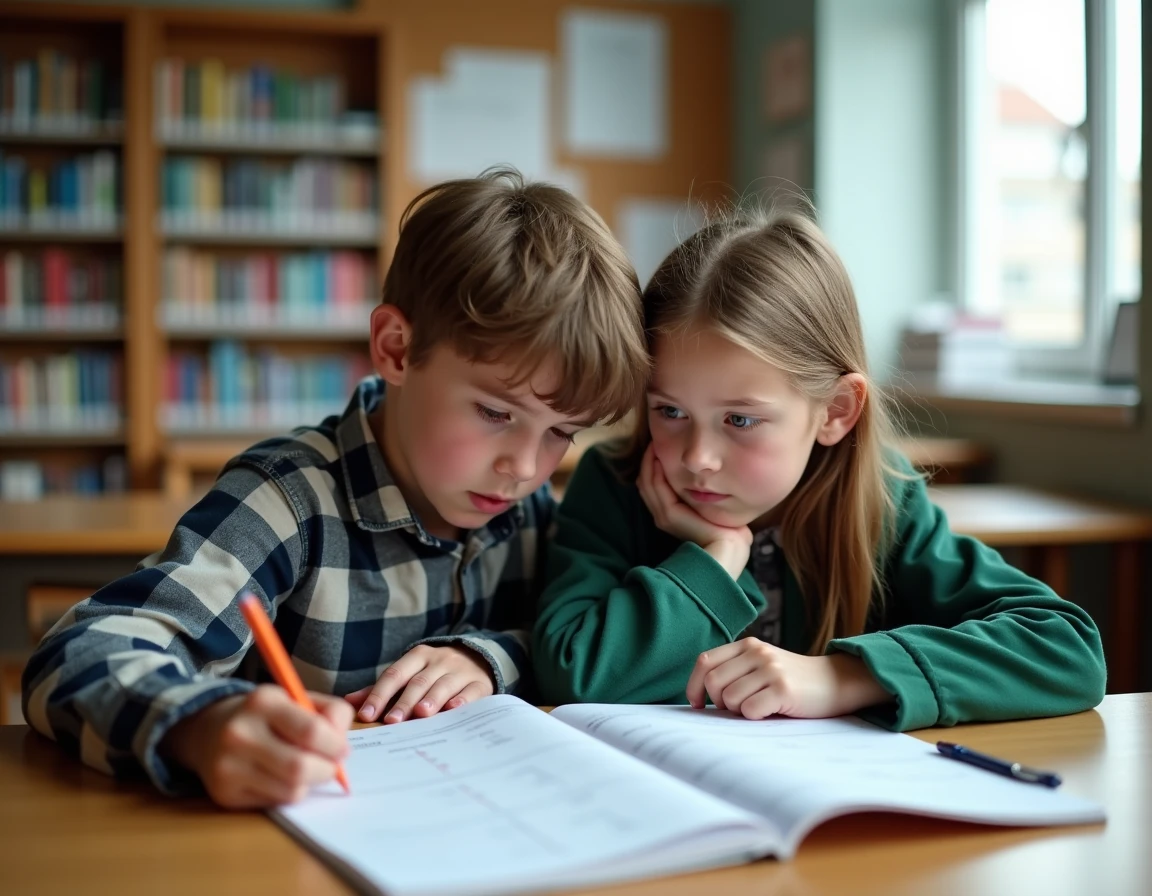 Deux élèves de cinquième comparant leurs moyennes scolaires dans une bibliothèque de collège en France