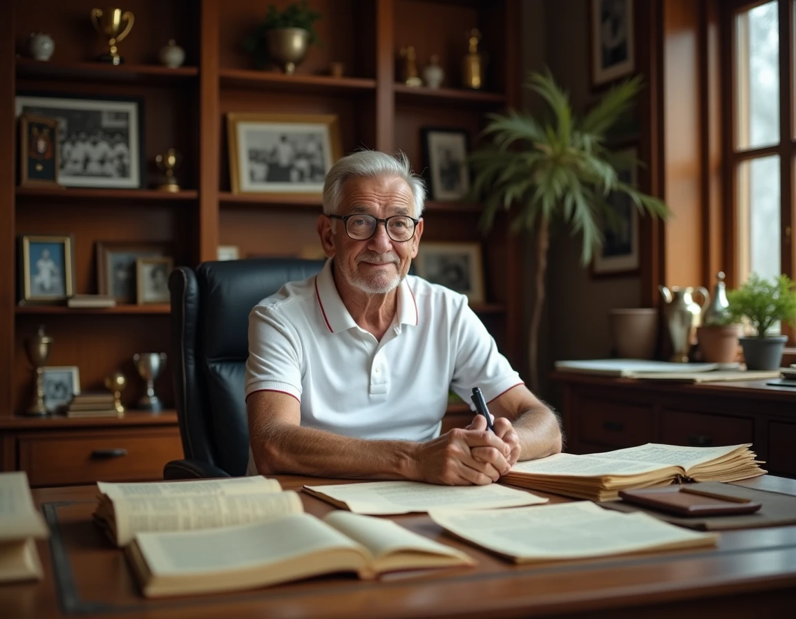 Entraîneur légendaire dans son bureau entouré de souvenirs et de coupures de presse de grandes victoires sportives