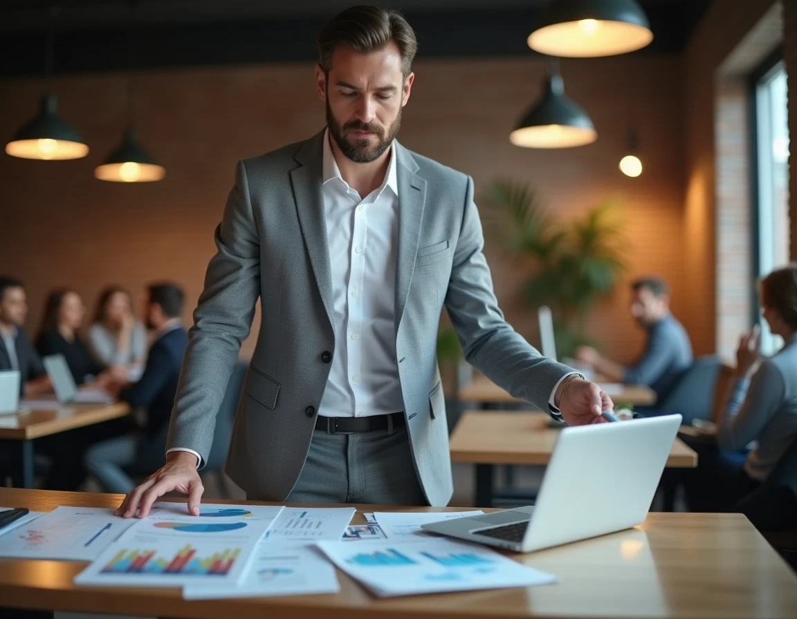 Entrepreneur consultant des tableaux de bord financiers sur tablette dans un espace de coworking moderne