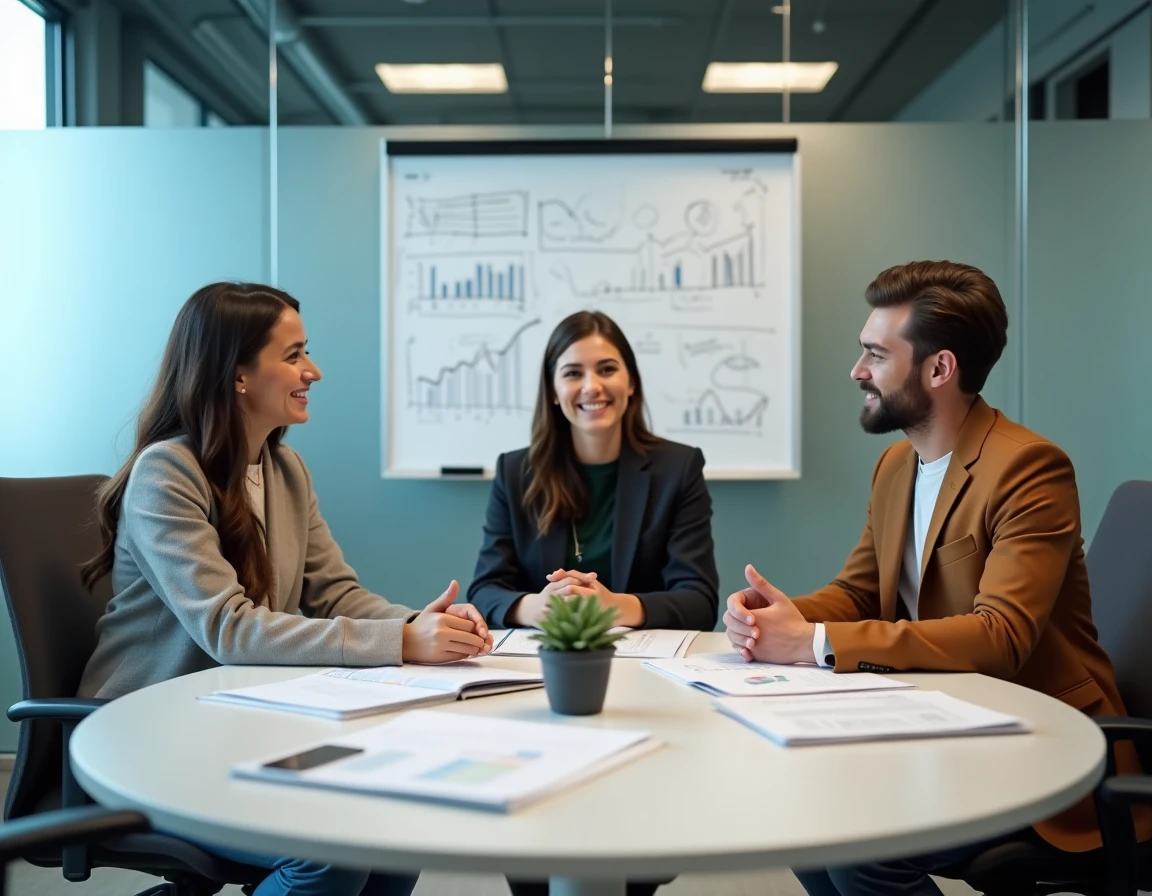 Équipe de professionnels collaborant autour de documents financiers dans une salle de réunion moderne
