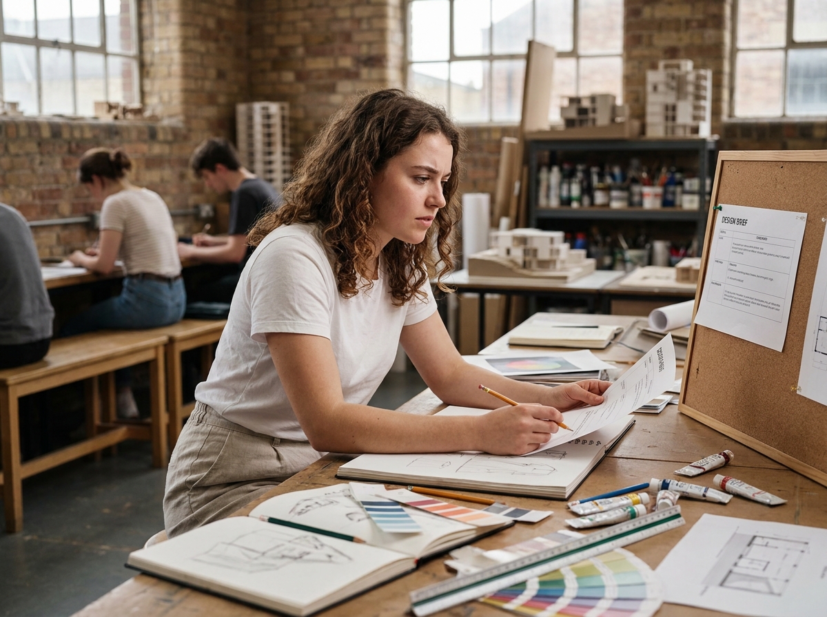 Étudiante en design travaillant sur des croquis et des planches couleurs dans un atelier créatif en brique
