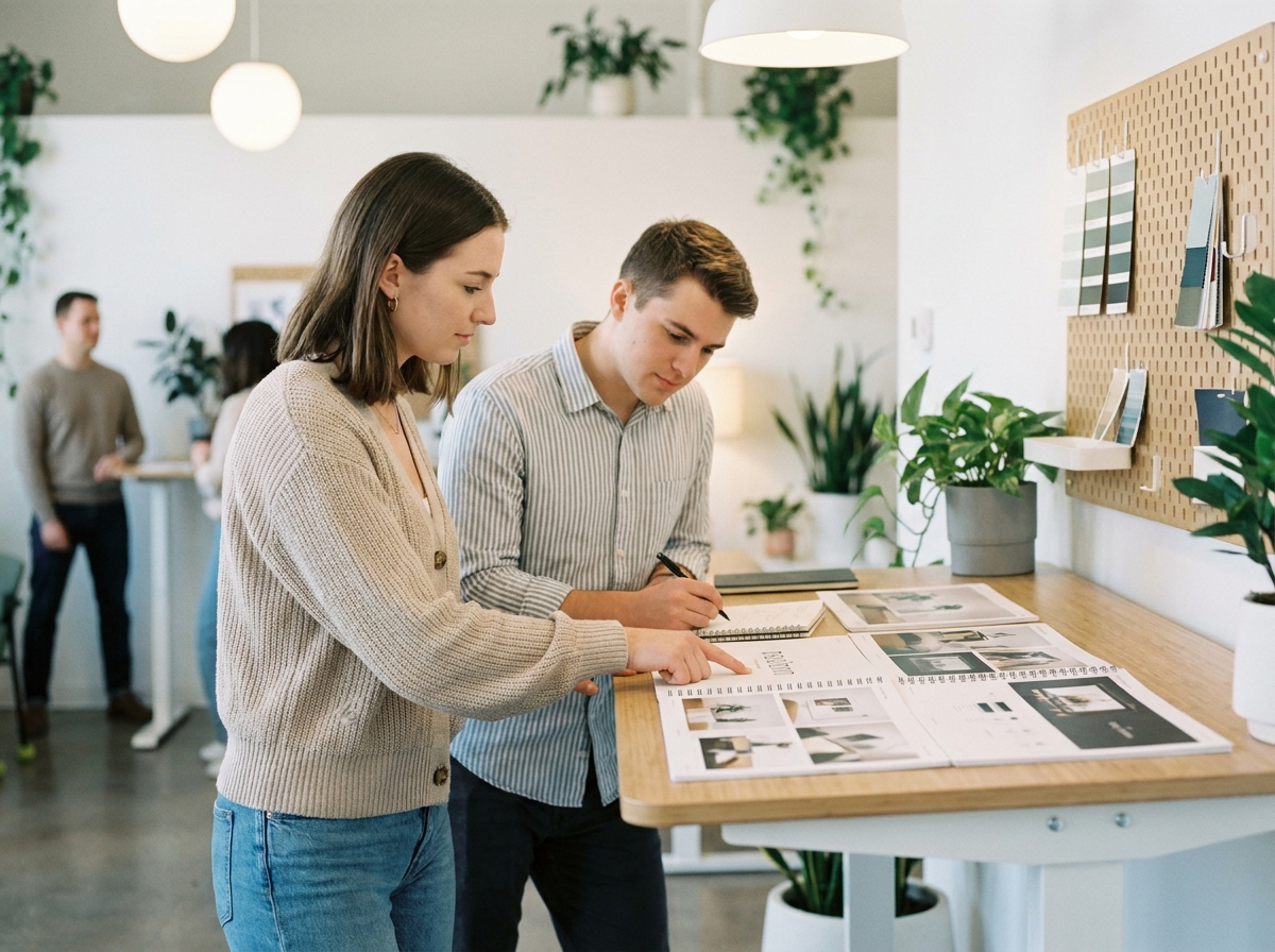 Deux étudiants en design révisant un portfolio imprimé dans un espace de coworking moderne