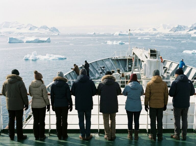 Groupe d'explorateurs en Antarctique regardant l'horizon glacé