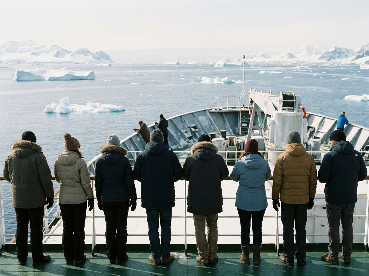 Groupe d'explorateurs en Antarctique regardant l'horizon glacé