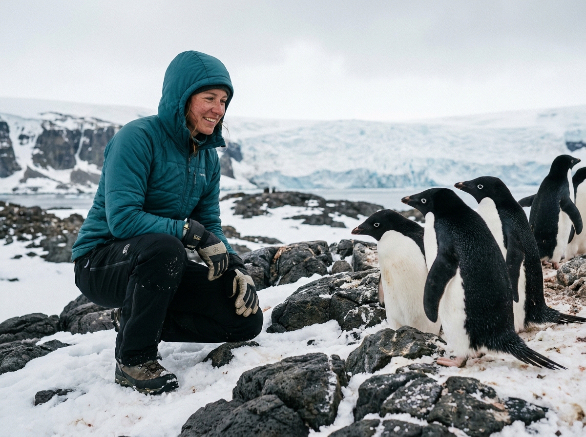 Femme exploratrice observant des pingouins sur le terrain antarctique