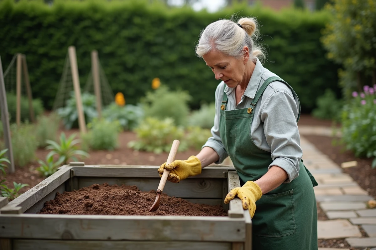 Femme jardant qui retourne un bac à compost en bois dans un jardin potager, illustration de la gestion du compost pour éviter les moustiques