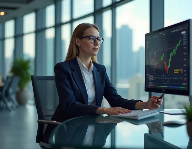 Femme dirigeante analysant des graphiques financiers sur un écran d'ordinateur dans un bureau moderne et lumineux