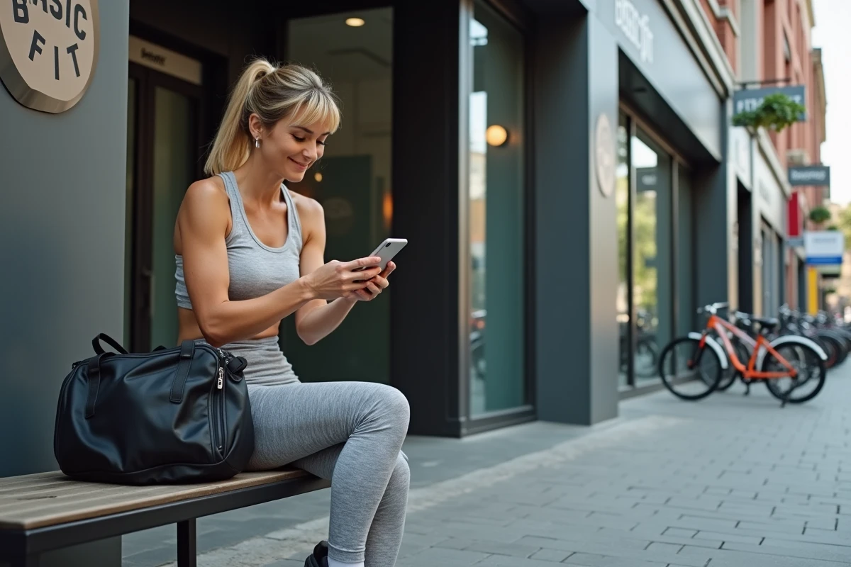 Femme consultant son téléphone devant l'entrée d'une salle Basic Fit après avoir récupéré son sac de sport