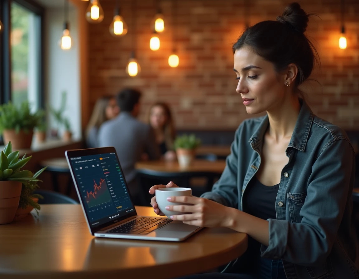 Femme entrepreneur dans un café consultant des prévisions de valeur du Bitcoin pour 2040 sur son ordinateur portable