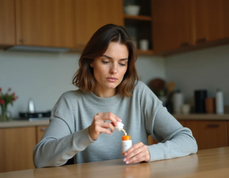 Femme lisant l'étiquette d'un médicament Stresam à la maison, illustrant la prise de médicament anxiolytique