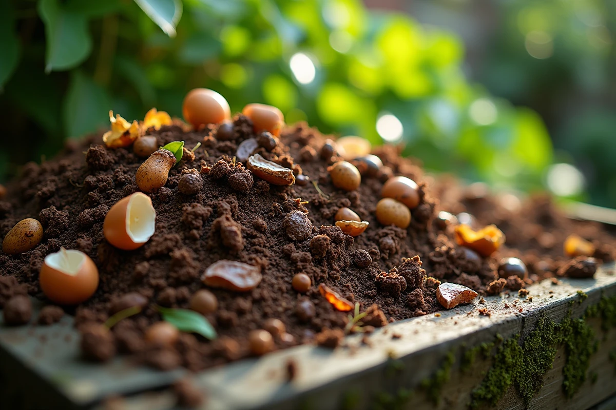 Gros plan sur un tas de compost domestique mélangant épluchures et feuilles mortes, illustrant les conditions pouvant attirer des moustiques