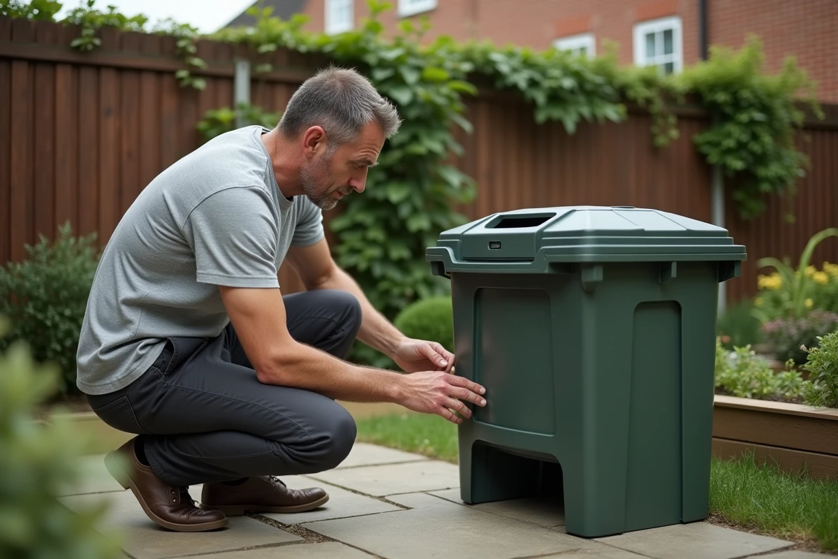 Homme inspectant un composteur rotatif en plastique sur une terrasse de jardin pour prévenir la prolifération des moustiques