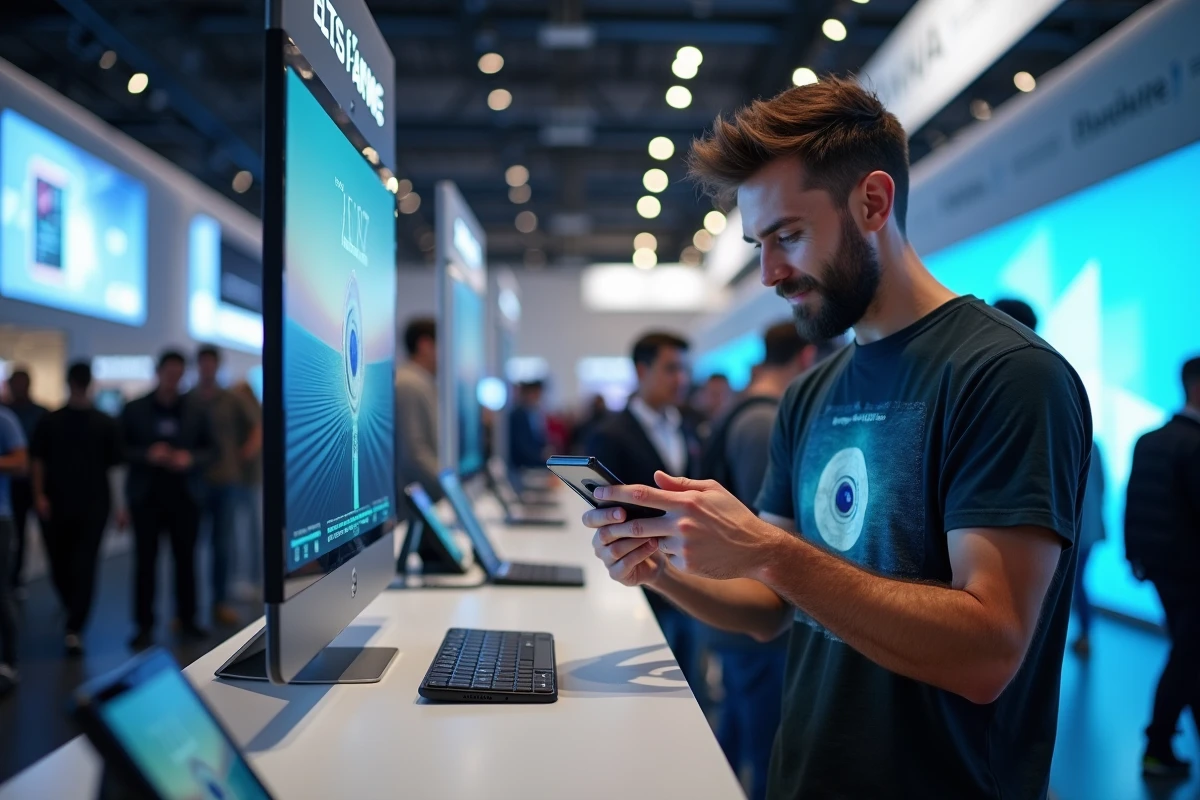 Homme testant un smartphone pliable lors d