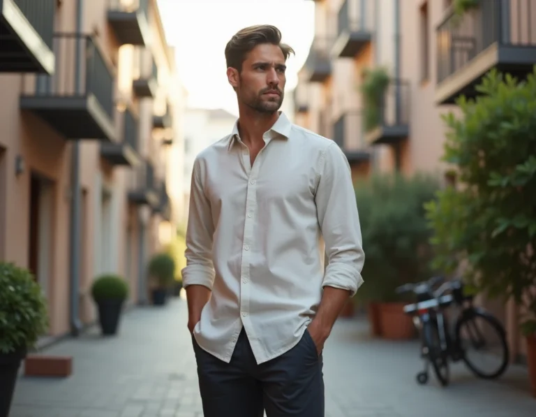 Jeune homme en tenue décontractée dans une rue résidentielle européenne moderne, évoquant le cadre de vie actuel d'Hugo Antakis fils de Marie-Ange Nardi