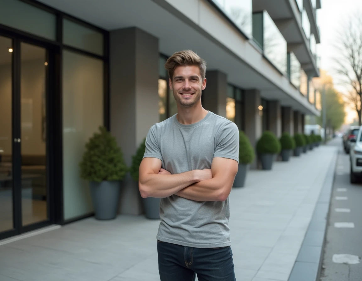 Jeune homme devant l'entrée d'un immeuble résidentiel moderne en Europe, représentant le cadre de vie actuel d'Hugo Antakis fils de Marie-Ange Nardi