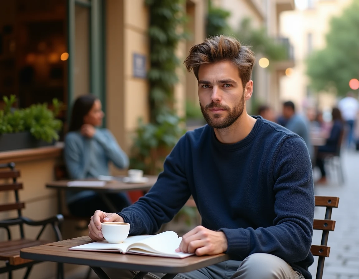 Jeune homme attablé en terrasse de café dans un quartier européen pittoresque, illustrant le lieu de vie discret d'Hugo Antakis fils de la présentatrice Marie-Ange Nardi