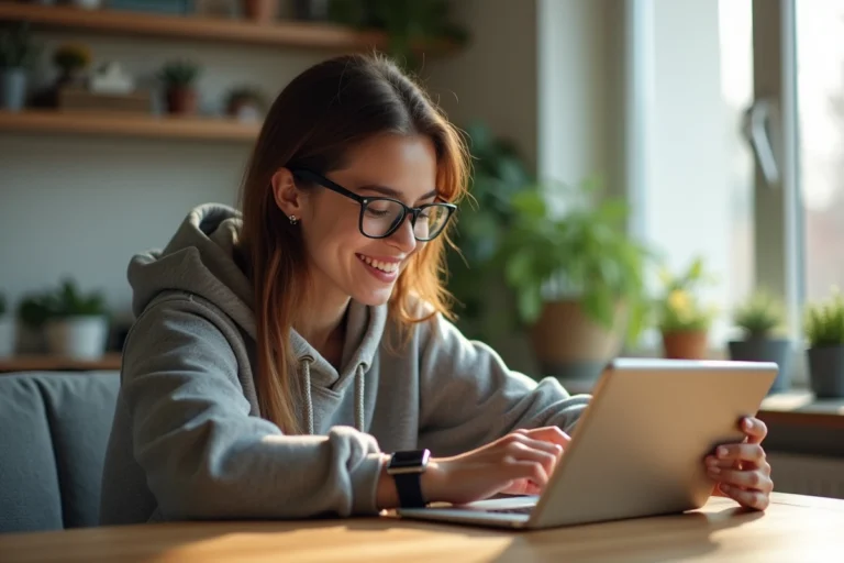 Jeune femme en streetwear utilisant la réalité augmentée à son bureau