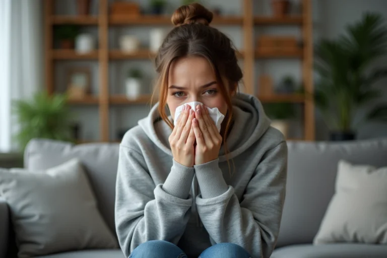 Jeune femme en hoodie gris se mouche sur un canapé