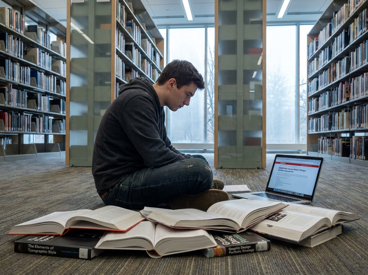 Jeune homme préparant son dossier d'entrée en école de design entouré de livres dans une bibliothèque universitaire