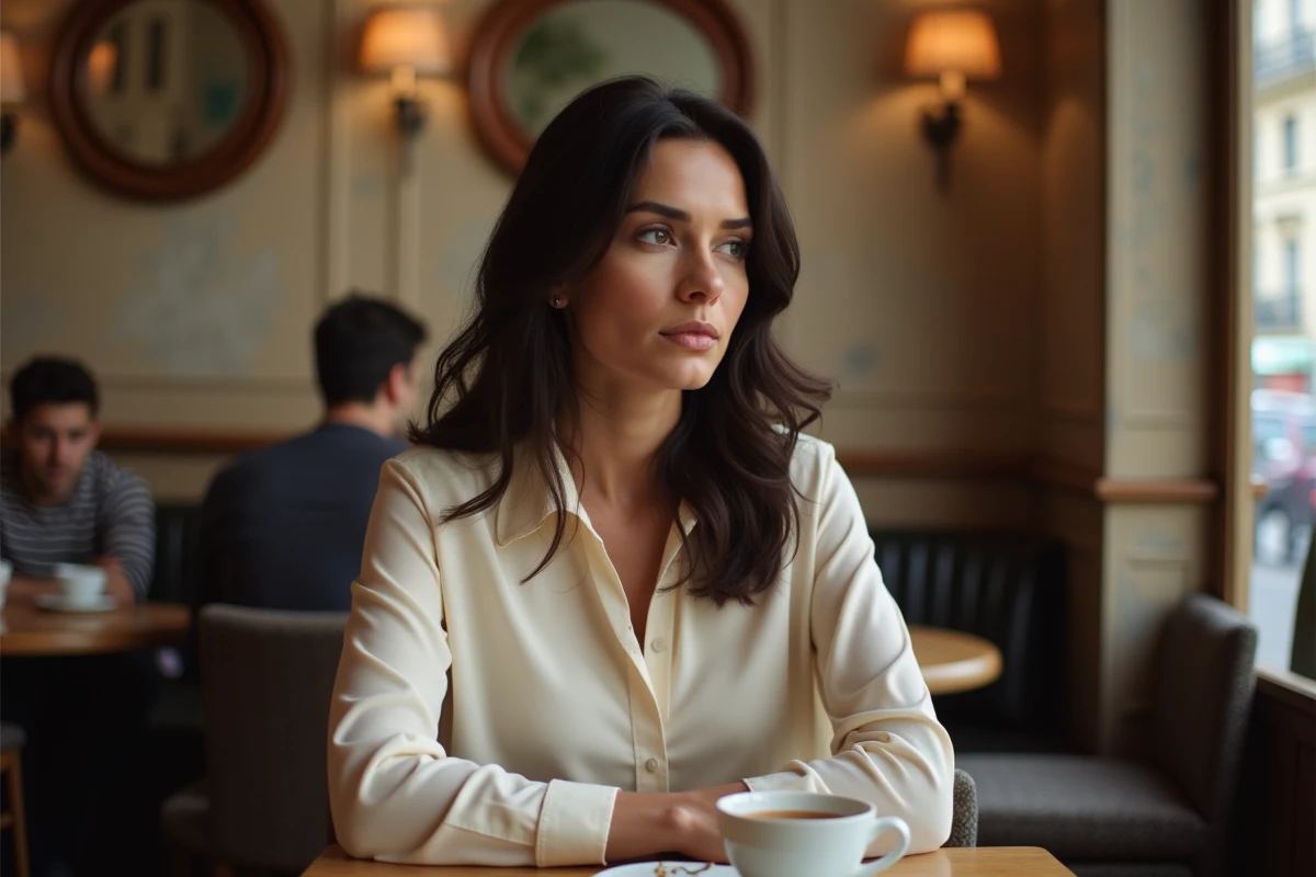 Femme journaliste pensive dans un café parisien classique, atmosphère intimiste et élégante, vie personnelle discrète