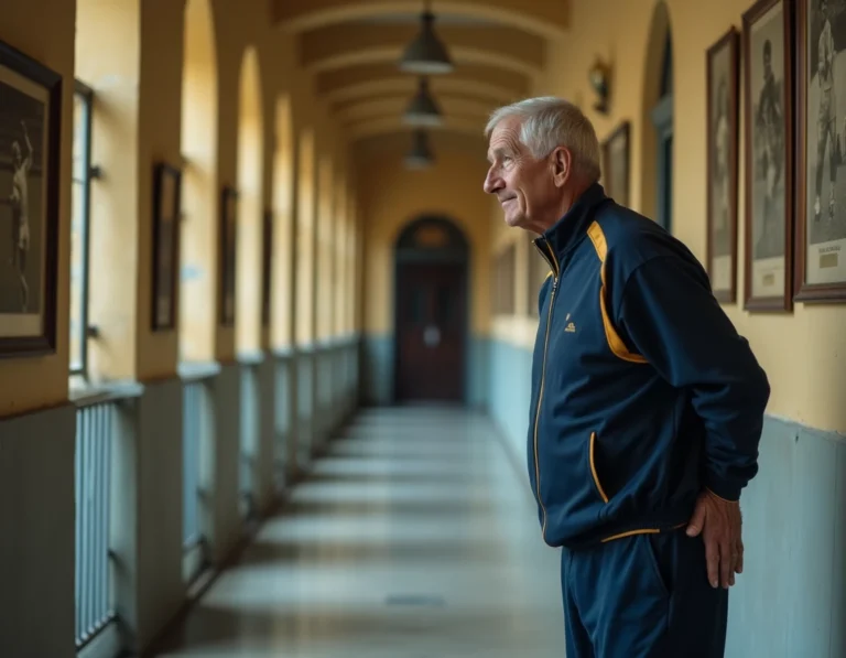 Légende du sport contemplant des trophées et photos historiques dans un couloir de stade