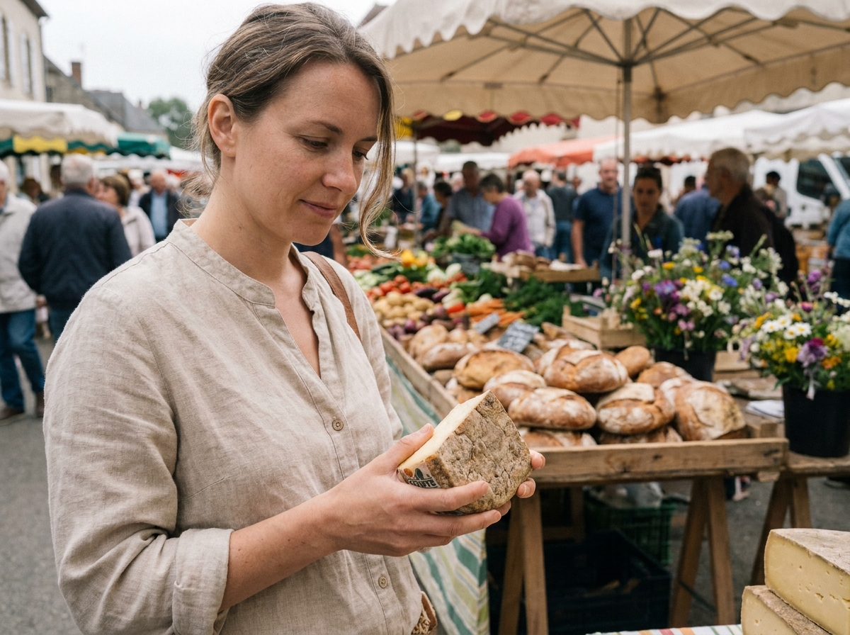 Jeune femme française tenant un fromage au marché rural en campagne