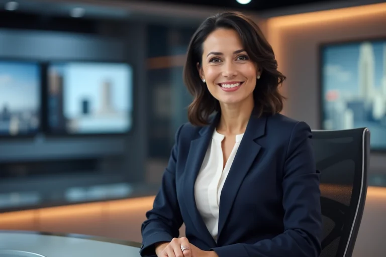 Journaliste femme souriante dans un studio de télévision professionnel, blazer marine, cadre discret et élégant