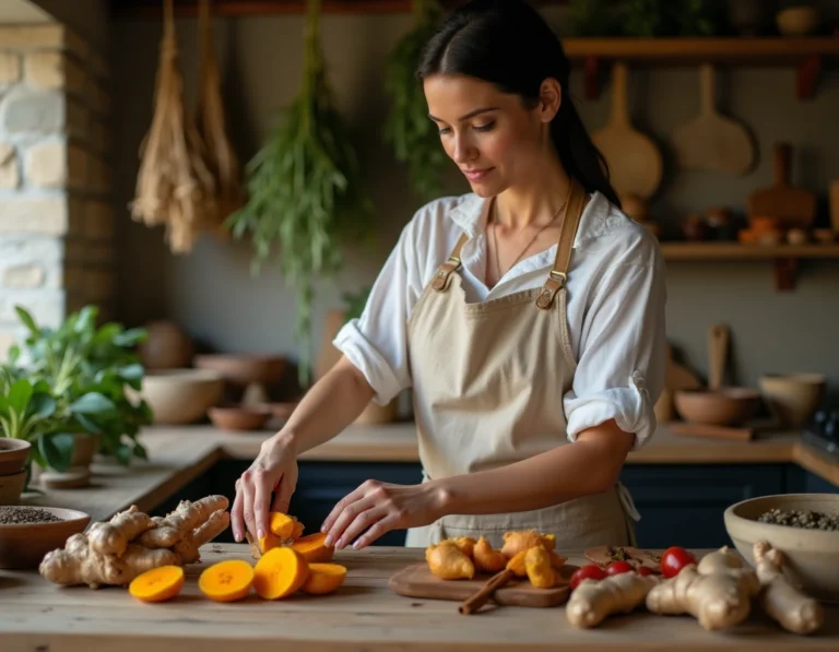 Femme préparant des plantes et épices naturelles comme le curcuma et le gingembre pour stimuler la santé du pancréas