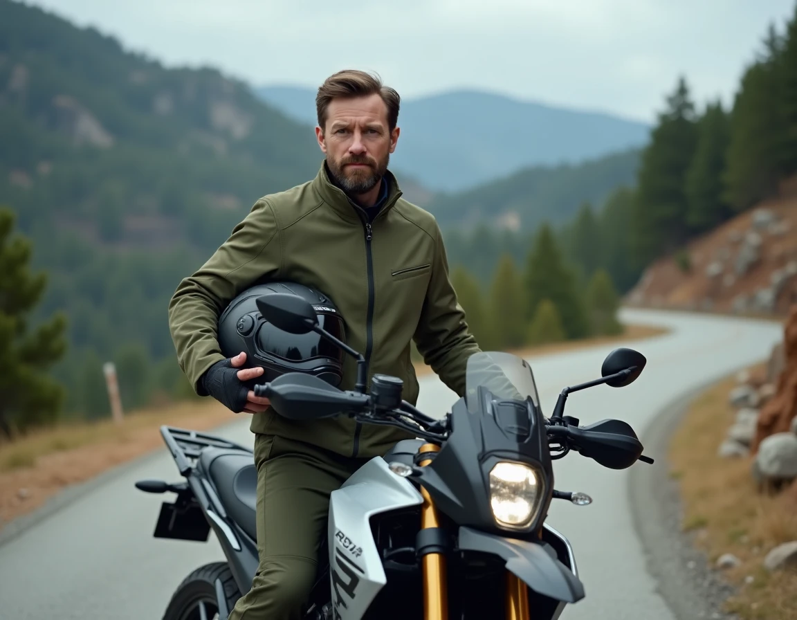 Motard avec une moto trail adventure 2024 sur une route de montagne sinueuse entouré de paysage rocheux