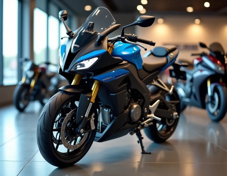 Moto sport neuve 2024 exposée dans un showroom moderne avec carénage noir mat et bleu électrique